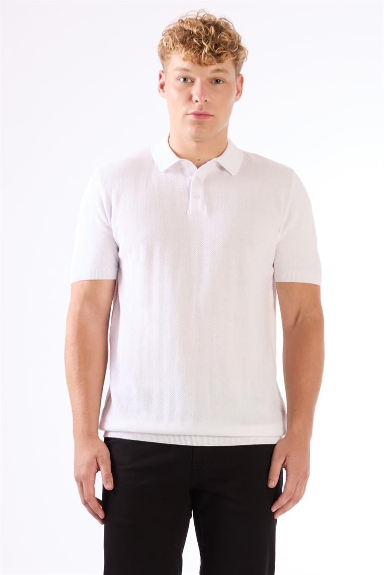  Beyaz Erkek Slim Fit Balıksırtı Desenli Polo Yaka Triko 