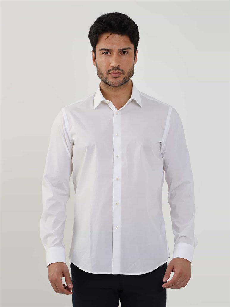 Beyaz Erkek Slim Fit Düz Brent Yaka Uzun Kol Gömlek 