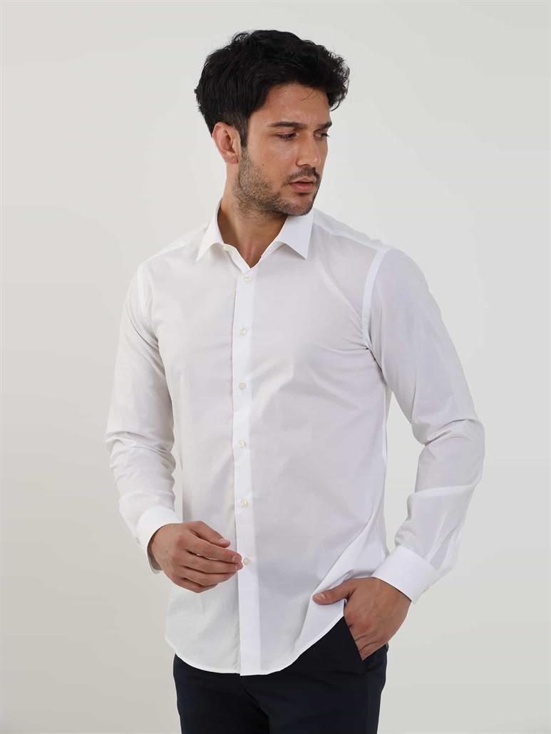 Beyaz Erkek Slim Fit Düz Brent Yaka Uzun Kol Gömlek 