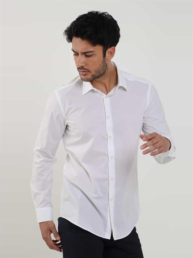 Beyaz Erkek Slim Fit Düz Brent Yaka Uzun Kol Gömlek 