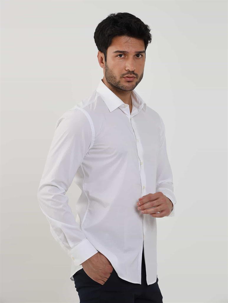 Beyaz Erkek Slim Fit Düz Brent Yaka Uzun Kol Gömlek 