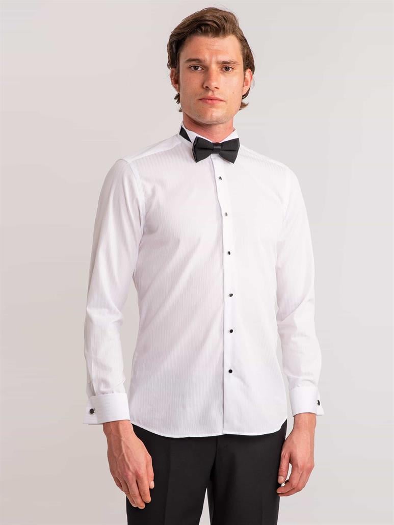 Beyaz Erkek Slim Fit Çizgili Ata Yaka Uzun Kol Gömlek 