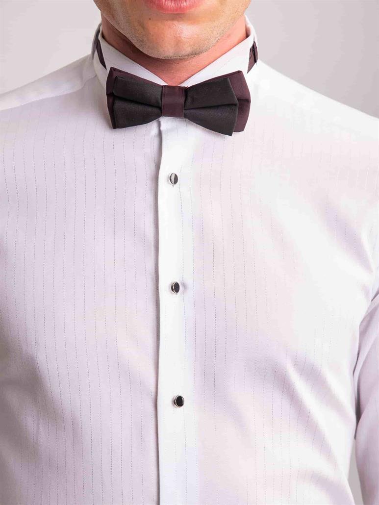 Beyaz Erkek Slim Fit Çizgili Ata Yaka Uzun Kol Gömlek 