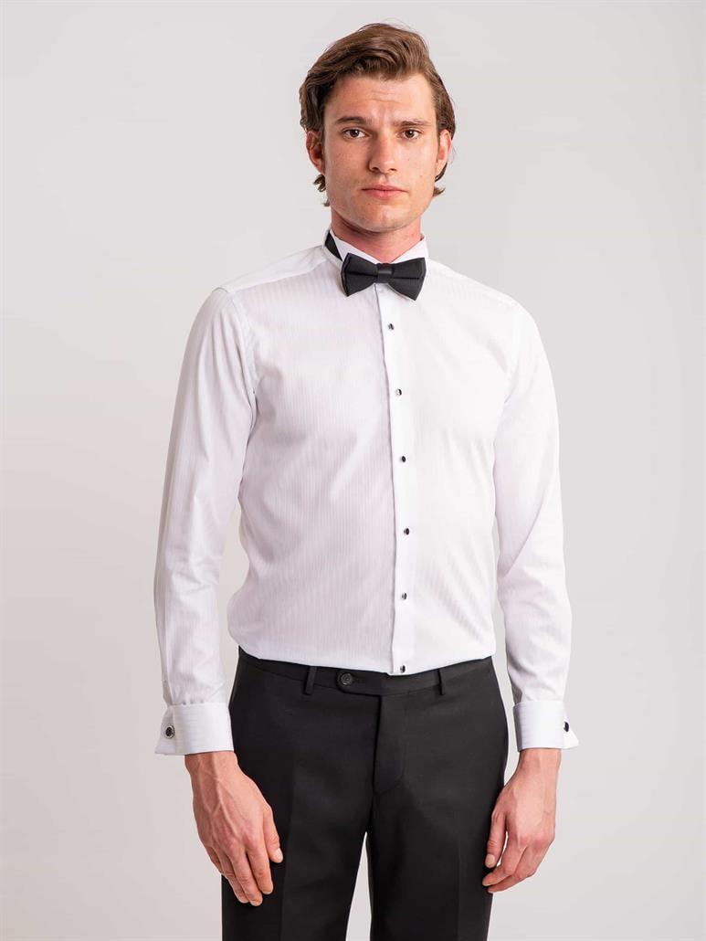 Beyaz Erkek Slim Fit Çizgili Ata Yaka Uzun Kol Gömlek 