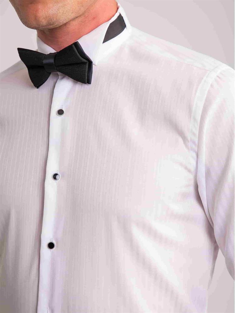 Beyaz Erkek Slim Fit Çizgili Ata Yaka Uzun Kol Gömlek 