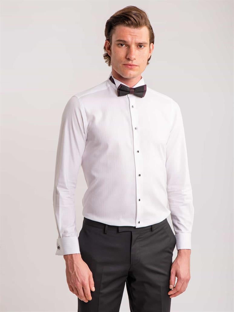 Beyaz Erkek Slim Fit Çizgili Ata Yaka Uzun Kol Gömlek 