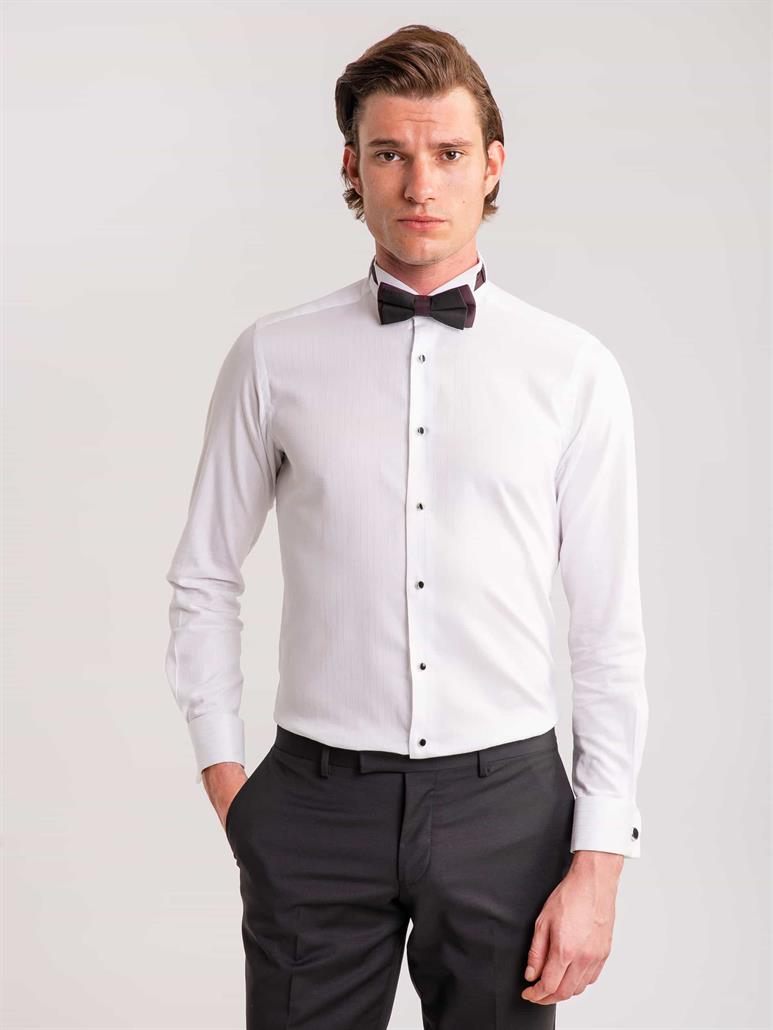 Beyaz Erkek Slim Fit Çizgili Ata Yaka Uzun Kol Gömlek 