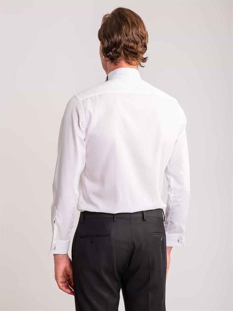 Beyaz Erkek Slim Fit Çizgili Ata Yaka Uzun Kol Gömlek 