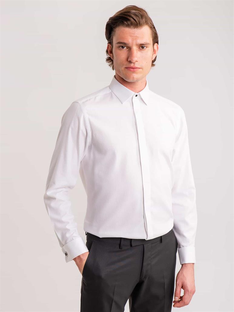 Beyaz Erkek Slim Fit Çizgili Brent Yaka Uzun Kol Gömlek 
