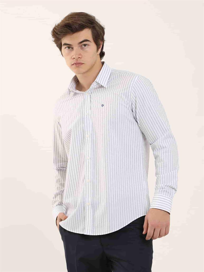 Beyaz Erkek Slim Fit Çizgili Brent Yaka Uzun Kol Gömlek 