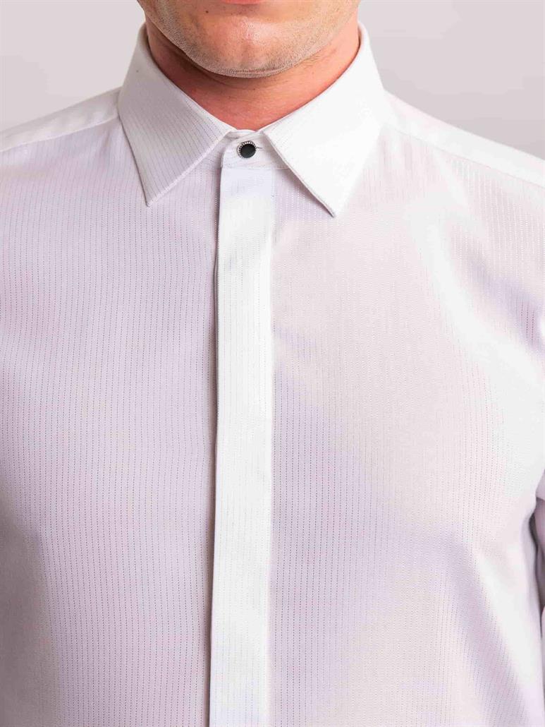 Beyaz Erkek Slim Fit Çizgili Brent Yaka Uzun Kol Gömlek 