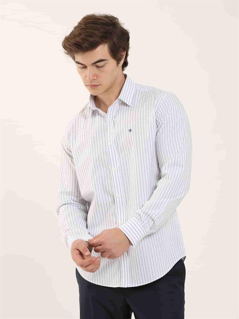 Beyaz Erkek Slim Fit Çizgili Brent Yaka Uzun Kol Gömlek 