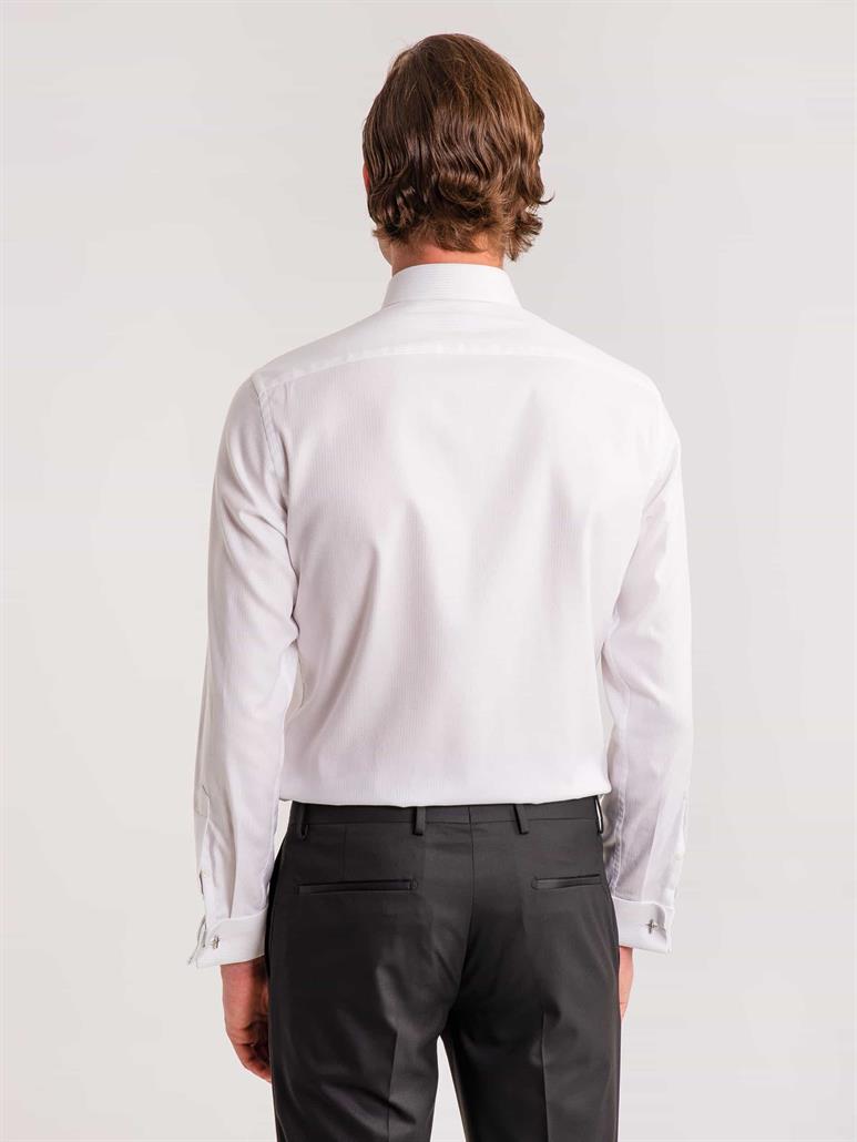 Beyaz Erkek Slim Fit Çizgili Brent Yaka Uzun Kol Gömlek 