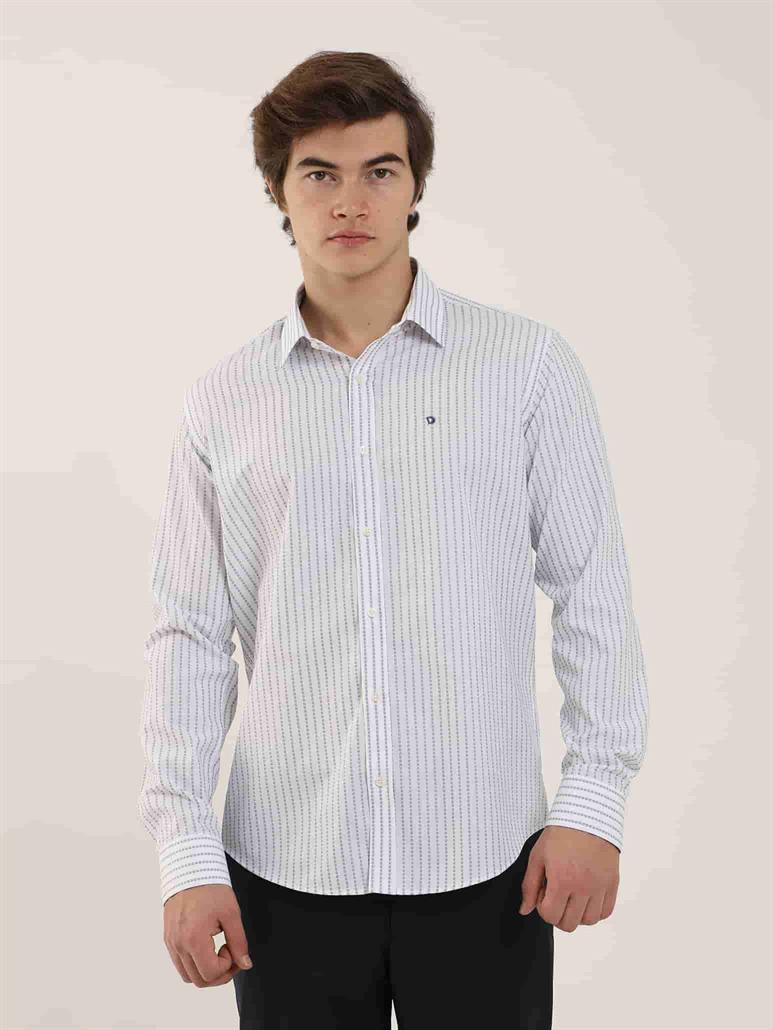 Beyaz Erkek Slim Fit Çizgili Brent Yaka Uzun Kol Gömlek 