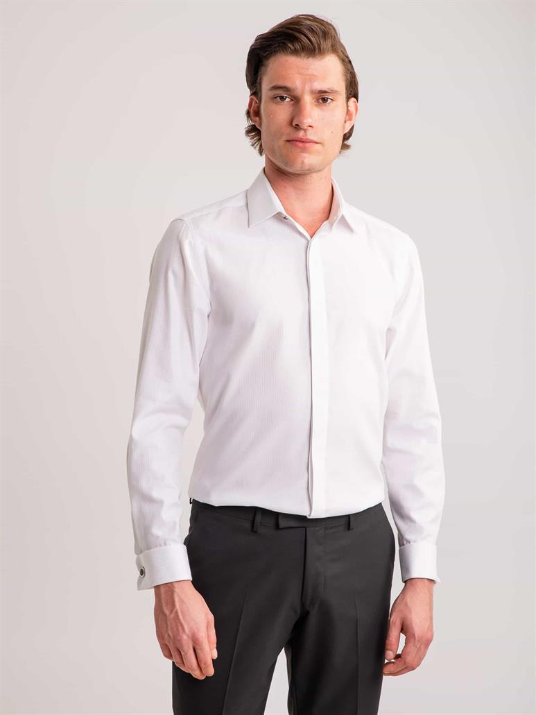 Beyaz Erkek Slim Fit Çizgili Brent Yaka Uzun Kol Gömlek 