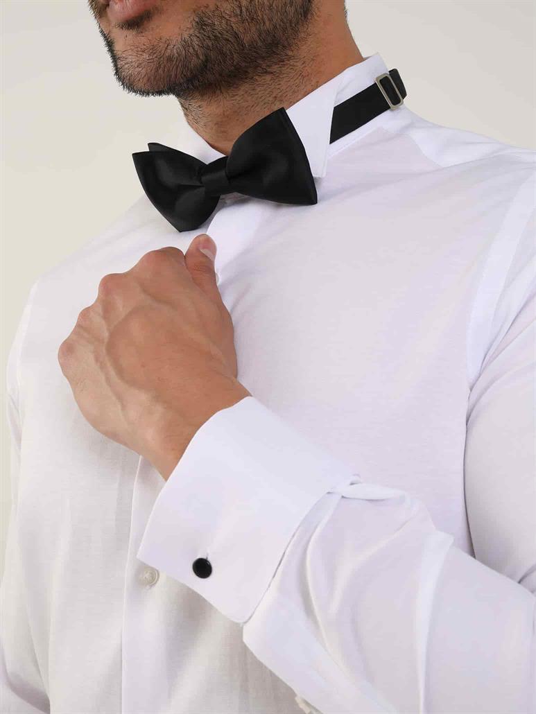 Beyaz Erkek Slim Fit Düz Ata Yaka Uzun Kol Gömlek 