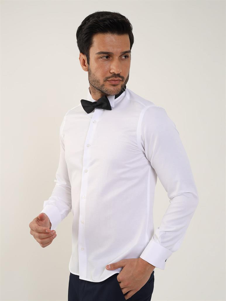 Beyaz Erkek Slim Fit Düz Ata Yaka Uzun Kol Gömlek 