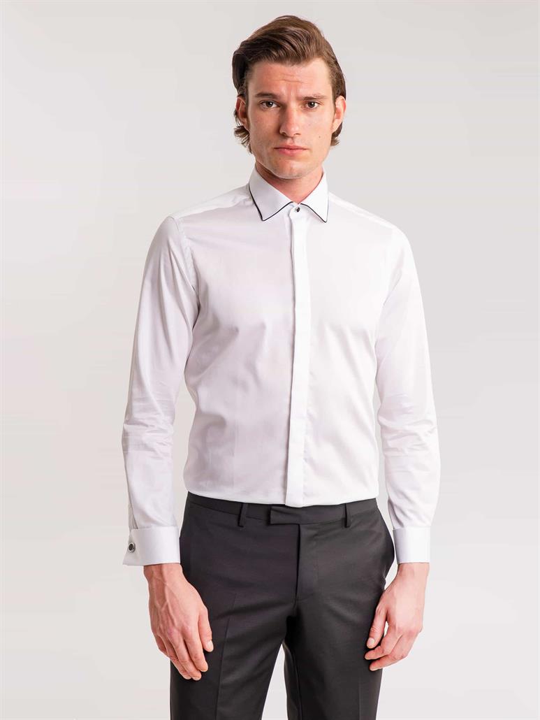 Beyaz Erkek Slim Fit Düz Brent Yaka Uzun Kol Gömlek - 60895