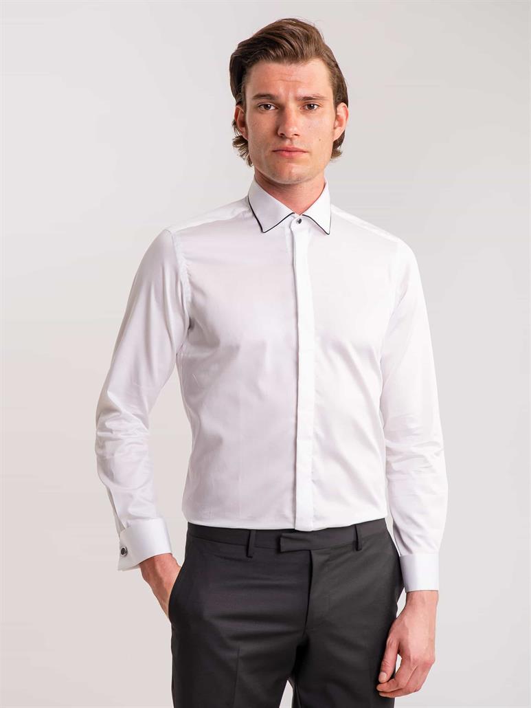 Beyaz Erkek Slim Fit Düz Brent Yaka Uzun Kol Gömlek - 60895