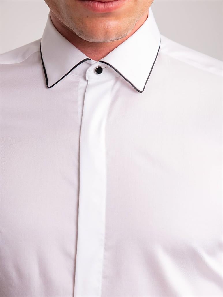 Beyaz Erkek Slim Fit Düz Brent Yaka Uzun Kol Gömlek - 60895