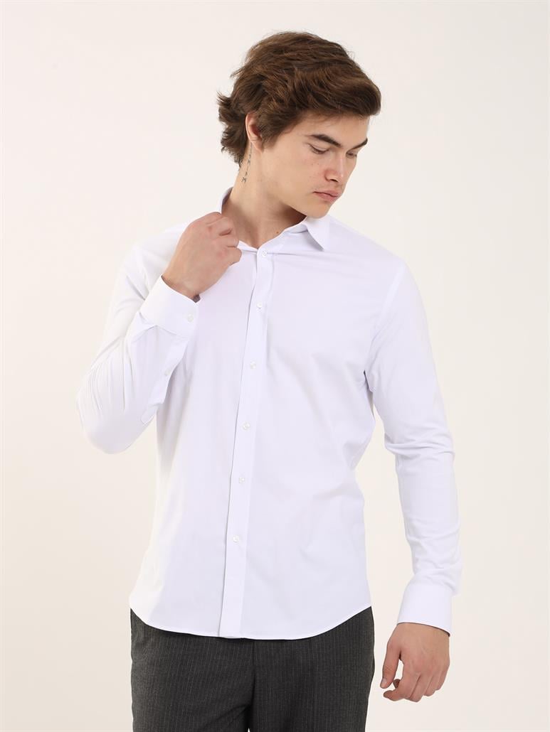 Beyaz Erkek Slim Fit Düz Klasik Yaka Uzun Kol Gömlek 