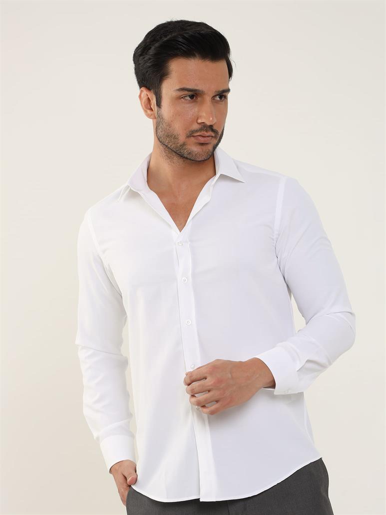 Beyaz Erkek Slim Fit Düz Klasik Yaka Uzun Kol Gömlek 