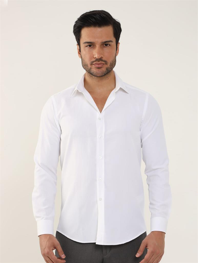 Beyaz Erkek Slim Fit Düz Klasik Yaka Uzun Kol Gömlek 