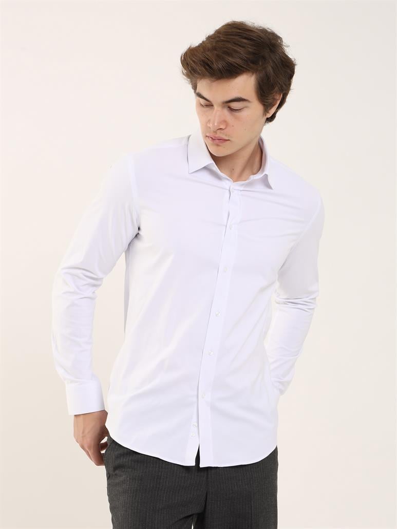 Beyaz Erkek Slim Fit Düz Klasik Yaka Uzun Kol Gömlek 