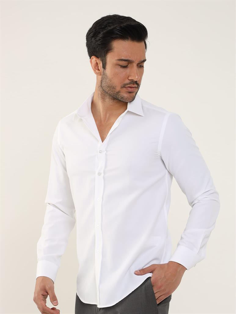 Beyaz Erkek Slim Fit Düz Klasik Yaka Uzun Kol Gömlek 