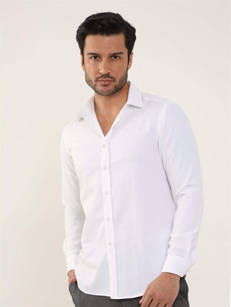 Beyaz Erkek Slim Fit Düz Klasik Yaka Uzun Kol Gömlek 