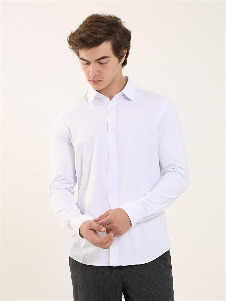 Beyaz Erkek Slim Fit Düz Klasik Yaka Uzun Kol Gömlek 