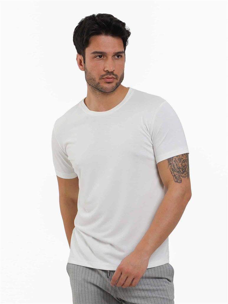 Beyaz Erkek Slim Fit Düz O Yaka T-shirt 