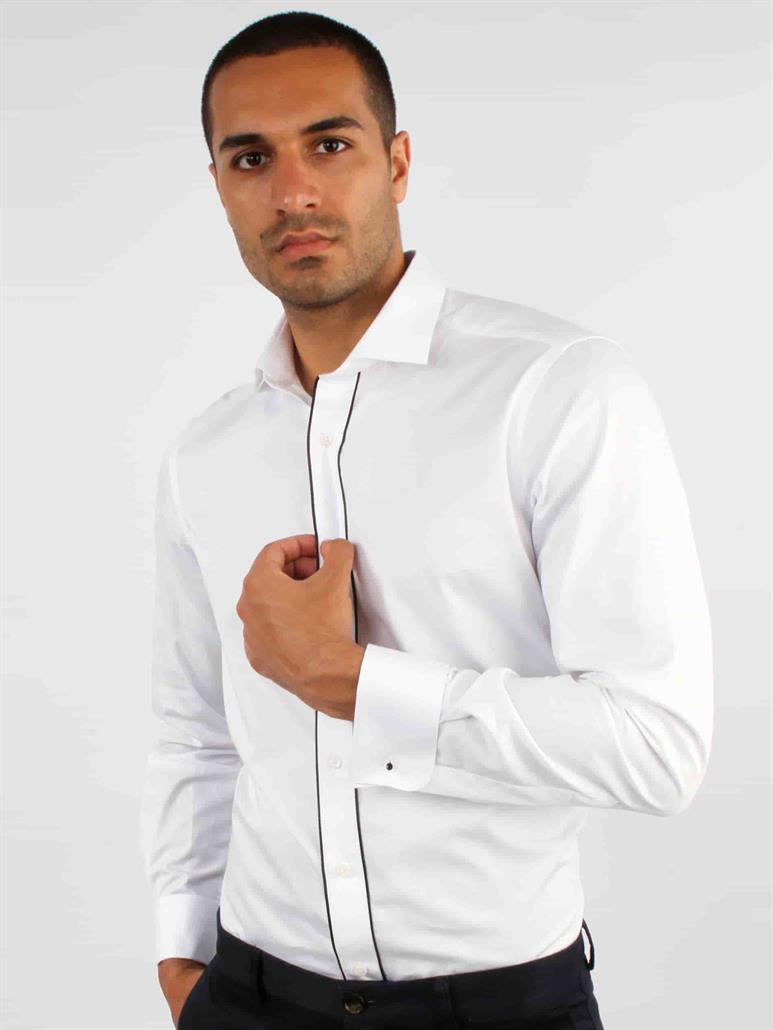 Beyaz Erkek Slim Fit Düz Paul Yaka Duble Manşetli Kol Gömlek 