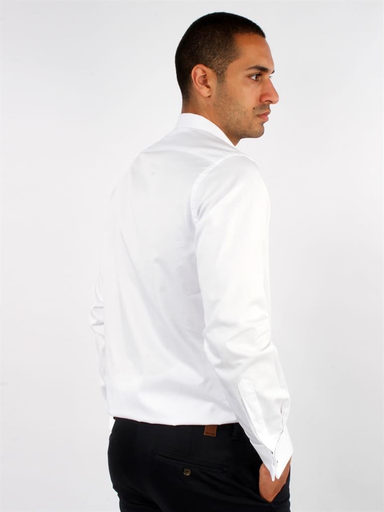 Beyaz Erkek Slim Fit Düz Paul Yaka Duble Manşetli Kol Gömlek 