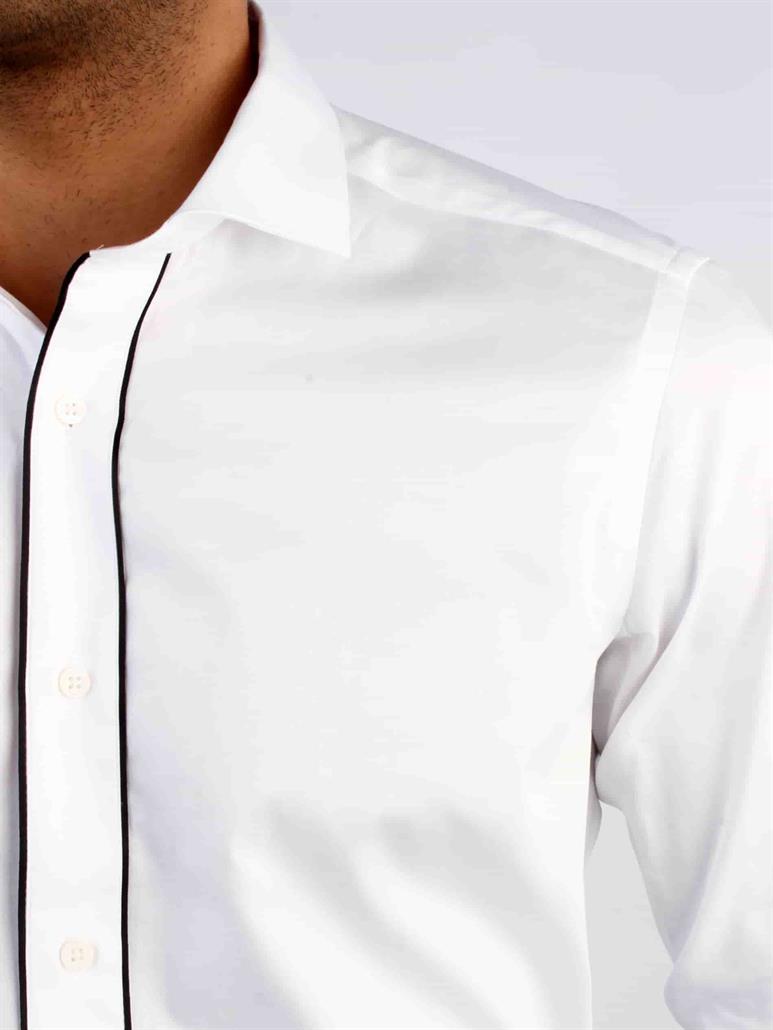 Beyaz Erkek Slim Fit Düz Paul Yaka Duble Manşetli Kol Gömlek 