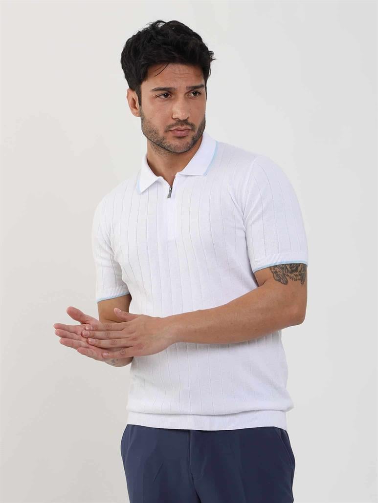  Beyaz Erkek Slim Fit Fitilli Fermuarlı Polo Yaka Triko 