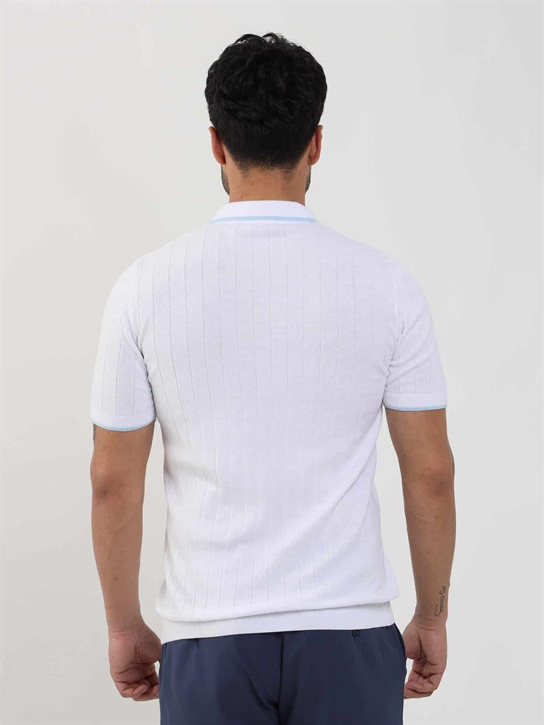  Beyaz Erkek Slim Fit Fitilli Fermuarlı Polo Yaka Triko 