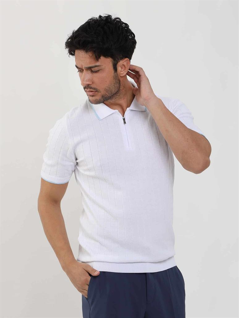  Beyaz Erkek Slim Fit Fitilli Fermuarlı Polo Yaka Triko 