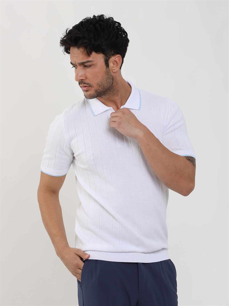  Beyaz Erkek Slim Fit Fitilli Fermuarlı Polo Yaka Triko 