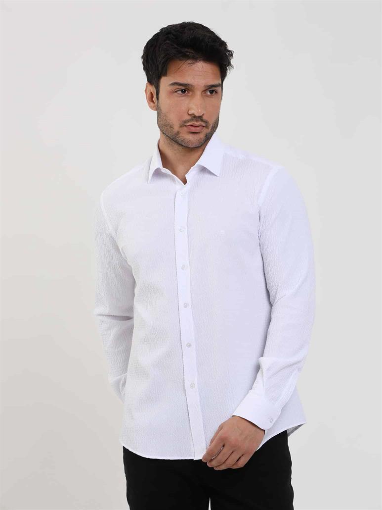 Beyaz Erkek Slim Fit Gofre Desenli Brent Yaka Uzun Kol Gömlek 