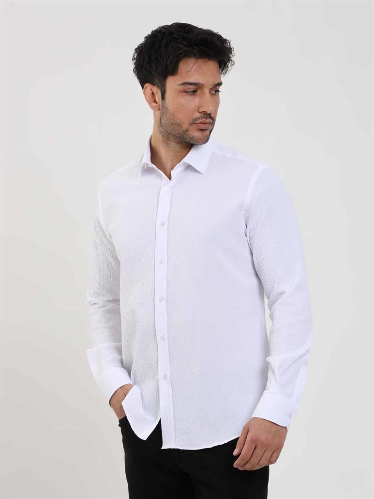 Beyaz Erkek Slim Fit Gofre Desenli Brent Yaka Uzun Kol Gömlek 