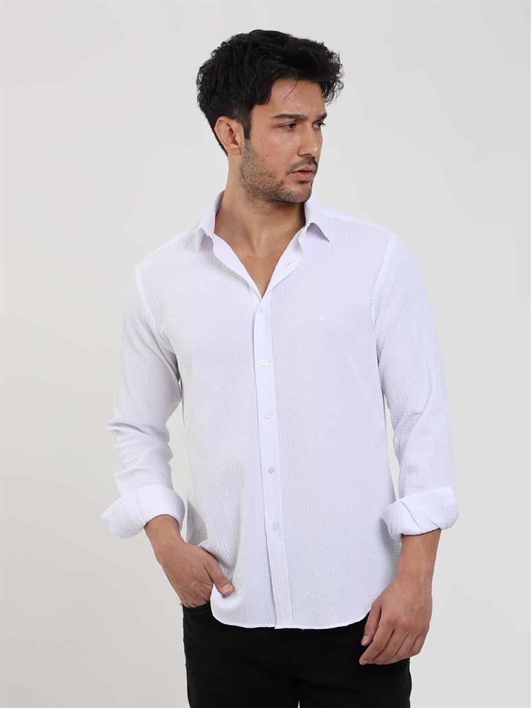 Beyaz Erkek Slim Fit Gofre Desenli Brent Yaka Uzun Kol Gömlek 