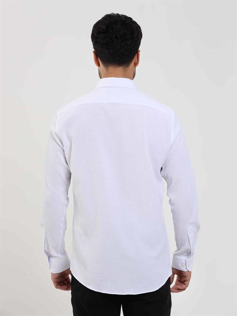 Beyaz Erkek Slim Fit Gofre Desenli Brent Yaka Uzun Kol Gömlek 
