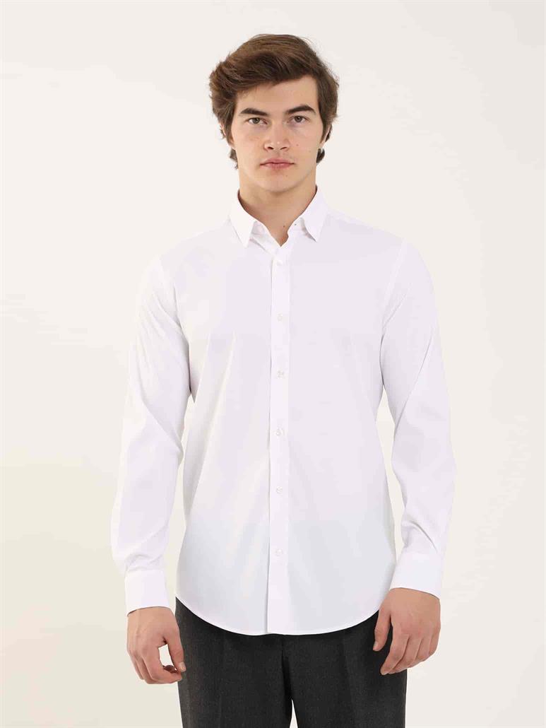 Beyaz Erkek Slim Fit Kareli Alttan Düğmeli Yaka Uzun Kol Gömlek 