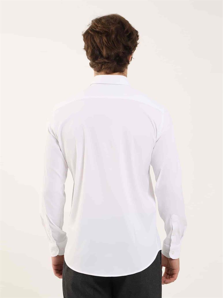 Beyaz Erkek Slim Fit Kareli Alttan Düğmeli Yaka Uzun Kol Gömlek 