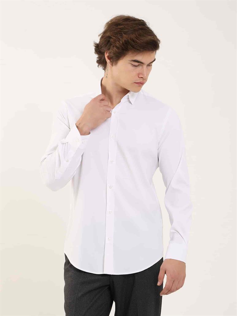 Beyaz Erkek Slim Fit Kareli Alttan Düğmeli Yaka Uzun Kol Gömlek 