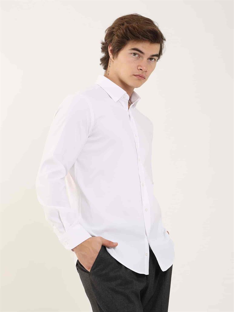 Beyaz Erkek Slim Fit Kareli Alttan Düğmeli Yaka Uzun Kol Gömlek 