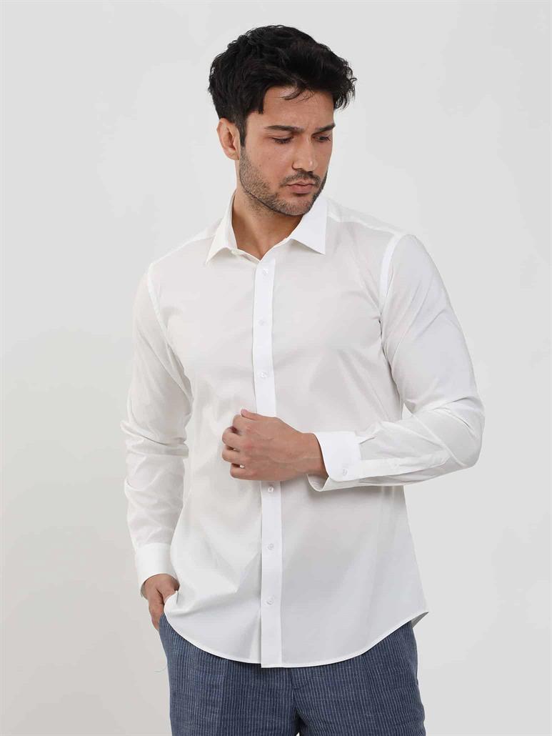 Beyaz Erkek Slim Fit Düz Klasik Yaka Uzun Kol Gömlek 