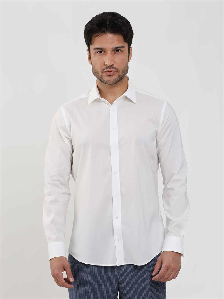 Beyaz Erkek Slim Fit Düz Klasik Yaka Uzun Kol Gömlek 