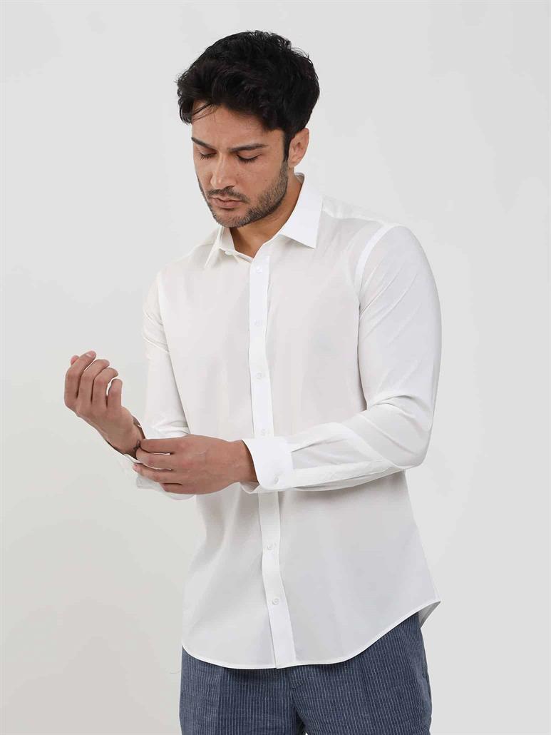 Beyaz Erkek Slim Fit Düz Klasik Yaka Uzun Kol Gömlek 
